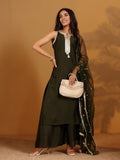 Varanga Women Olive Green Lace Embellished Sleeveless Straight Kurta Paired With Tonal Plazzo And Dupatta