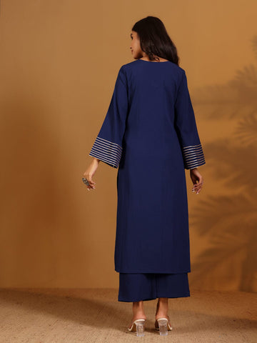 Varanga Women Navy Blue Solid V-Neck Embellished With Gota Straight Kurta Paired With Tonal Bottom And Dupatta