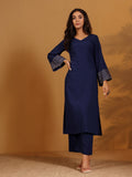 Varanga Women Navy Blue Solid V-Neck Embellished With Gota Straight Kurta Paired With Tonal Bottom And Dupatta