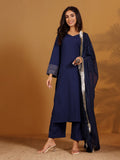 Varanga Women Navy Blue Solid V-Neck Embellished With Gota Straight Kurta Paired With Tonal Bottom And Dupatta