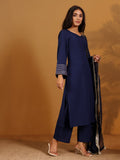 Varanga Women Navy Blue Solid V-Neck Embellished With Gota Straight Kurta Paired With Tonal Bottom And Dupatta