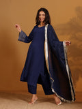 Varanga Women Navy Blue Solid V-Neck Embellished With Gota Straight Kurta Paired With Tonal Bottom And Dupatta