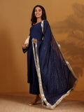 Varanga Women Navy Blue Solid V-Neck Embellished With Gota Straight Kurta Paired With Tonal Bottom And Dupatta