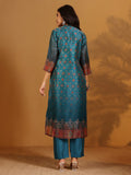Varanga Women Patola Printed, Teal & Beige Mandrin Collar ,Straight Kurta With Solid Bottom And Printed Dupatta