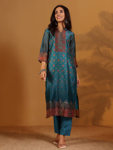 Varanga Women Patola Printed Teal Beige Mandrin Collar Straight Kurta With Solid Bottom And Printed Dupatta