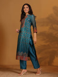 Varanga Women Patola Printed Teal Beige Mandrin Collar Straight Kurta With Solid Bottom And Printed Dupatta