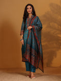 Varanga Women Patola Printed Teal Beige Mandrin Collar Straight Kurta With Solid Bottom And Printed Dupatta