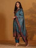 Varanga Women Patola Printed Teal Beige Mandrin Collar Straight Kurta With Solid Bottom And Printed Dupatta