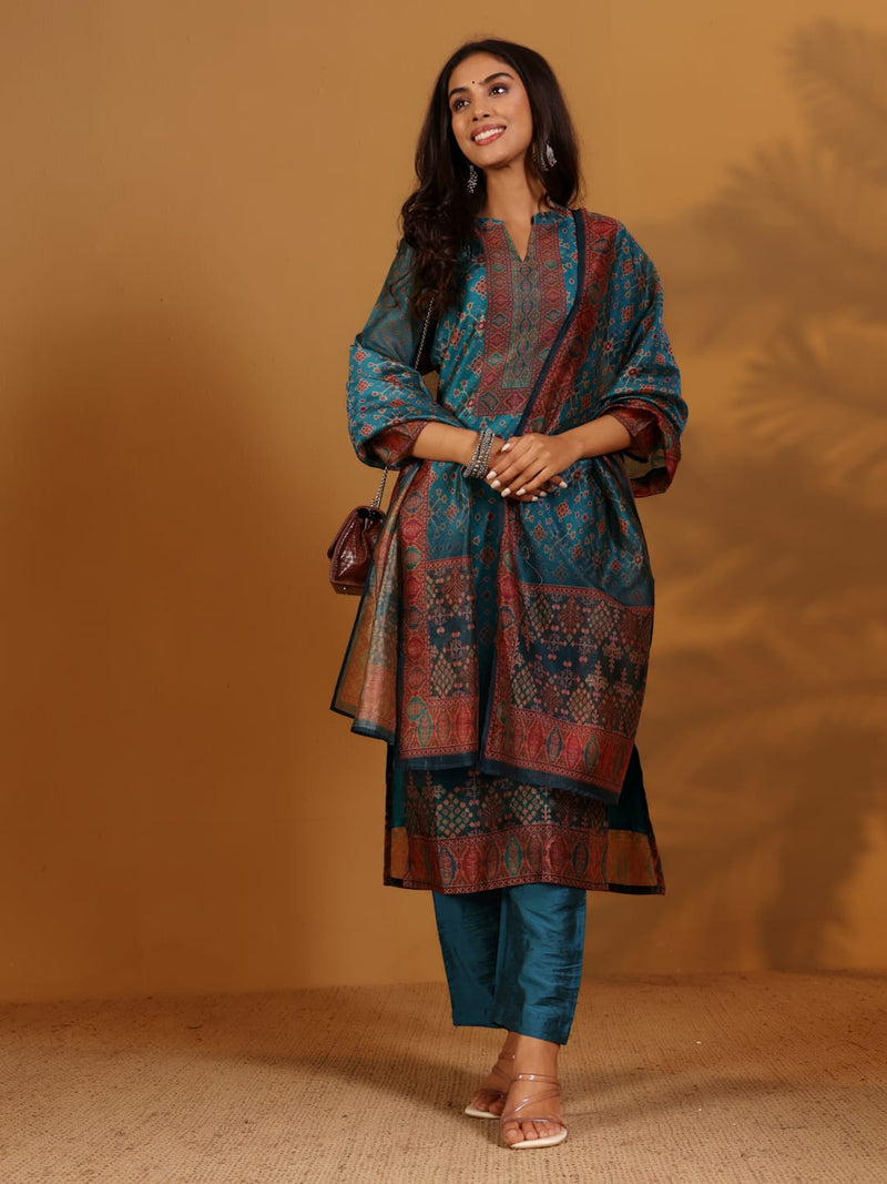 Varanga Women Patola Printed, Teal & Beige Mandrin Collar ,Straight Kurta With Solid Bottom And Printed Dupatta