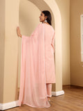 Varanga Women Peach V Neck Chickankari Embroidered Kurta With Tonal Bottom And Chiffon Dupatta.