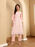 Varanga Women Peach V Neck Chickankari Embroidered Kurta With Tonal Bottom And Chiffon Dupatta.