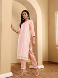 Varanga Women Peach V Neck Chickankari Embroidered Kurta With Tonal Bottom And Chiffon Dupatta.