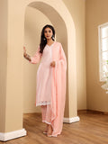 Varanga Women Peach V Neck Chickankari Embroidered Kurta With Tonal Bottom And Chiffon Dupatta.