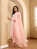 Varanga Women Peach V Neck Chickankari Embroidered Kurta With Tonal Bottom And Chiffon Dupatta.