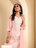 Varanga Women Peach V Neck Chickankari Embroidered Kurta With Tonal Bottom And Chiffon Dupatta.