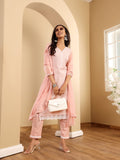 Varanga Women Peach V Neck Chickankari Embroidered Kurta With Tonal Bottom And Chiffon Dupatta.