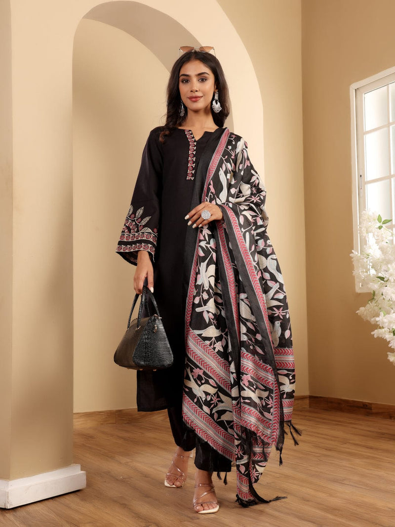 Varanga Women Black Embroidered Kurta Paired With Tonal Bottom And Printed Bhaghalpuri Dupatta