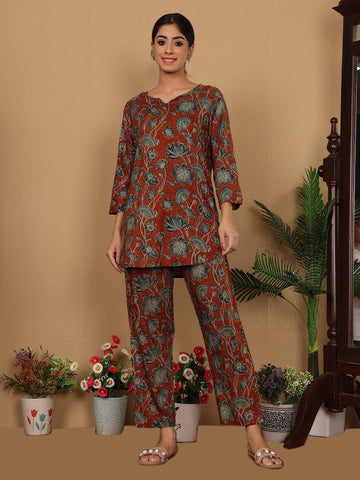 Varanga Women Rust Floral Foil Printed Co-Ord Set