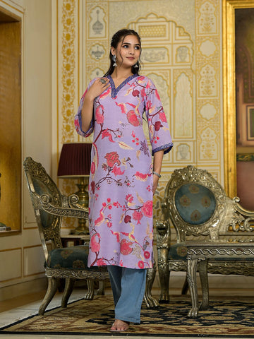 Varanga Women Lavender Floral Printed V-Neck Straight Kurta With Three Quarter Bell Sleeves