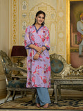 Varanga Women Lavender Floral Printed V-Neck Straight Kurta With Three Quarter Bell Sleeves