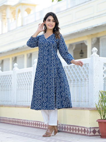 Varanga Women Blue Bandhani Printed Angrakha Kurta