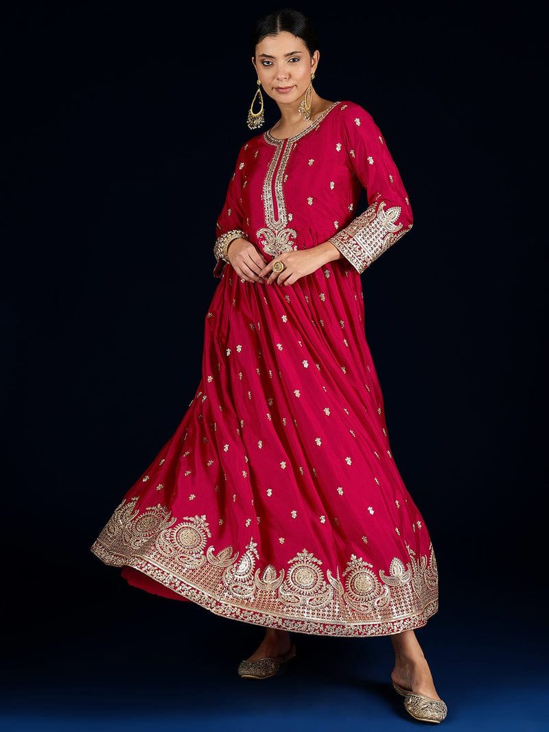 Varanga A Fuchsia Anarkali Set In Rich Vichitra Fabric With Zari Embroidery, Paired With An Embroidered Organza Dupatta.