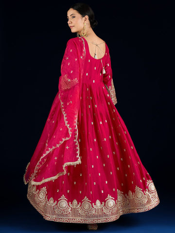 Varanga A Fuchsia Anarkali Set In Rich Vichitra Fabric With Zari Embroidery, Paired With An Embroidered Organza Dupatta.