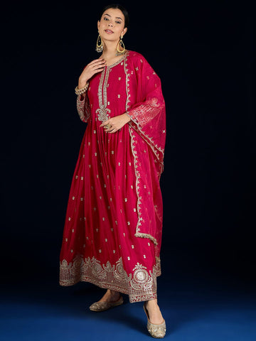 Varanga A Fuchsia Anarkali Set In Rich Vichitra Fabric With Zari Embroidery, Paired With An Embroidered Organza Dupatta.