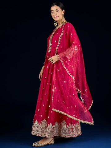 Varanga A Fuchsia Anarkali Set In Rich Vichitra Fabric With Zari Embroidery, Paired With An Embroidered Organza Dupatta.