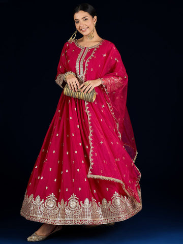 Varanga A Fuchsia Anarkali Set In Rich Vichitra Fabric With Zari Embroidery, Paired With An Embroidered Organza Dupatta.