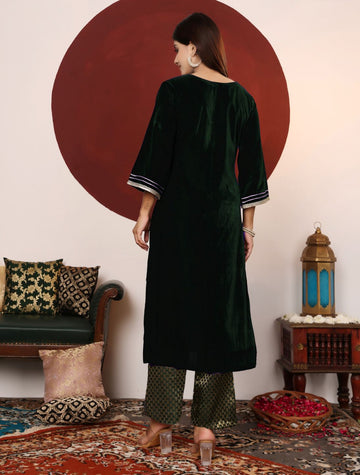 Varanga Women Flared Sleeve Velvet Kurta With Brocade Trousers