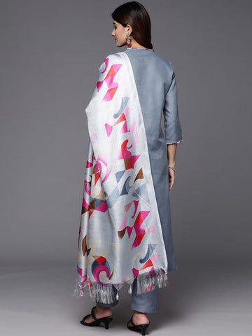 Varanga Women Grey Straight Kurta With Tonal Bottom & Printed Bhaghalpuri Dupatta