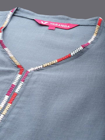 Varanga Women Grey Straight Kurta With Tonal Bottom & Printed Bhaghalpuri Dupatta