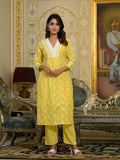 Varanga Women Yellow V Neck Embroidered Kurta Set With Dupatta