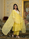 Varanga Women Yellow V Neck Embroidered Kurta Set With Dupatta