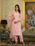 Varanga Women Peach V Neck Heavy Thread Embroidered Kurta With Bottom & Dupatta