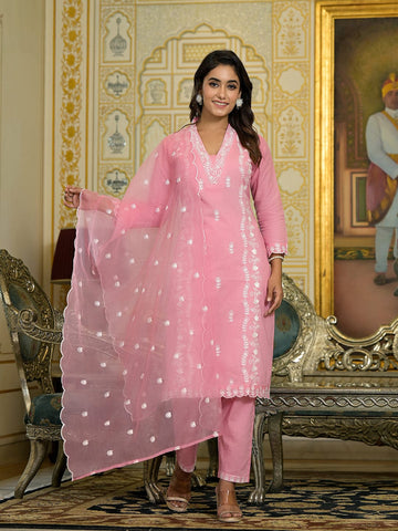 Varanga Women Pink V Neck Heavy Thread Embroidered Kurta With Bottom & Dupatta