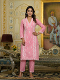 Varanga Women Pink V Neck Heavy Thread Embroidered Kurta With Bottom & Dupatta