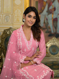 Varanga Women Pink V Neck Heavy Thread Embroidered Kurta With Bottom & Dupatta