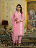 Varanga Women Pink V Neck Heavy Thread Embroidered Kurta With Bottom & Dupatta