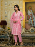 Varanga Women Pink V Neck Heavy Thread Embroidered Kurta With Bottom & Dupatta