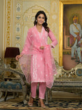 Varanga Women Pink V Neck Heavy Thread Embroidered Kurta With Bottom & Dupatta