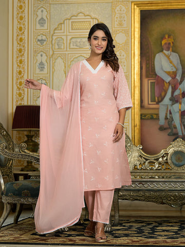 Varanga Women Peach Chikankari Embroidered Kurta Set With Dupatta