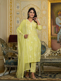 Varanga Women Lime Green Thread Embroidered Kurta Set With Dupatta