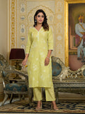 Varanga Women Lime Green Thread Embroidered Kurta Set With Dupatta