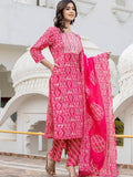 Varanga Women Pink Round Neck Embroidered Kurta Paired With Bottom And Printed Dupatta