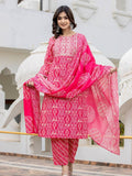 Varanga Women Pink Round Neck Embroidered Kurta Paired With Bottom And Printed Dupatta