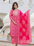 Varanga Women Pink Round Neck Embroidered Kurta Paired With Bottom And Printed Dupatta