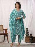 Varanga Women Teal Floral Printed Embroidered Kurta Paired With Chevron Printed Bottom And Dupatta