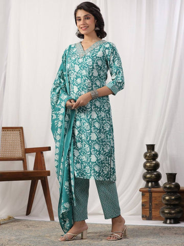 Varanga Women Teal Floral Printed Embroidered Kurta Paired With Chevron Printed Bottom And Dupatta